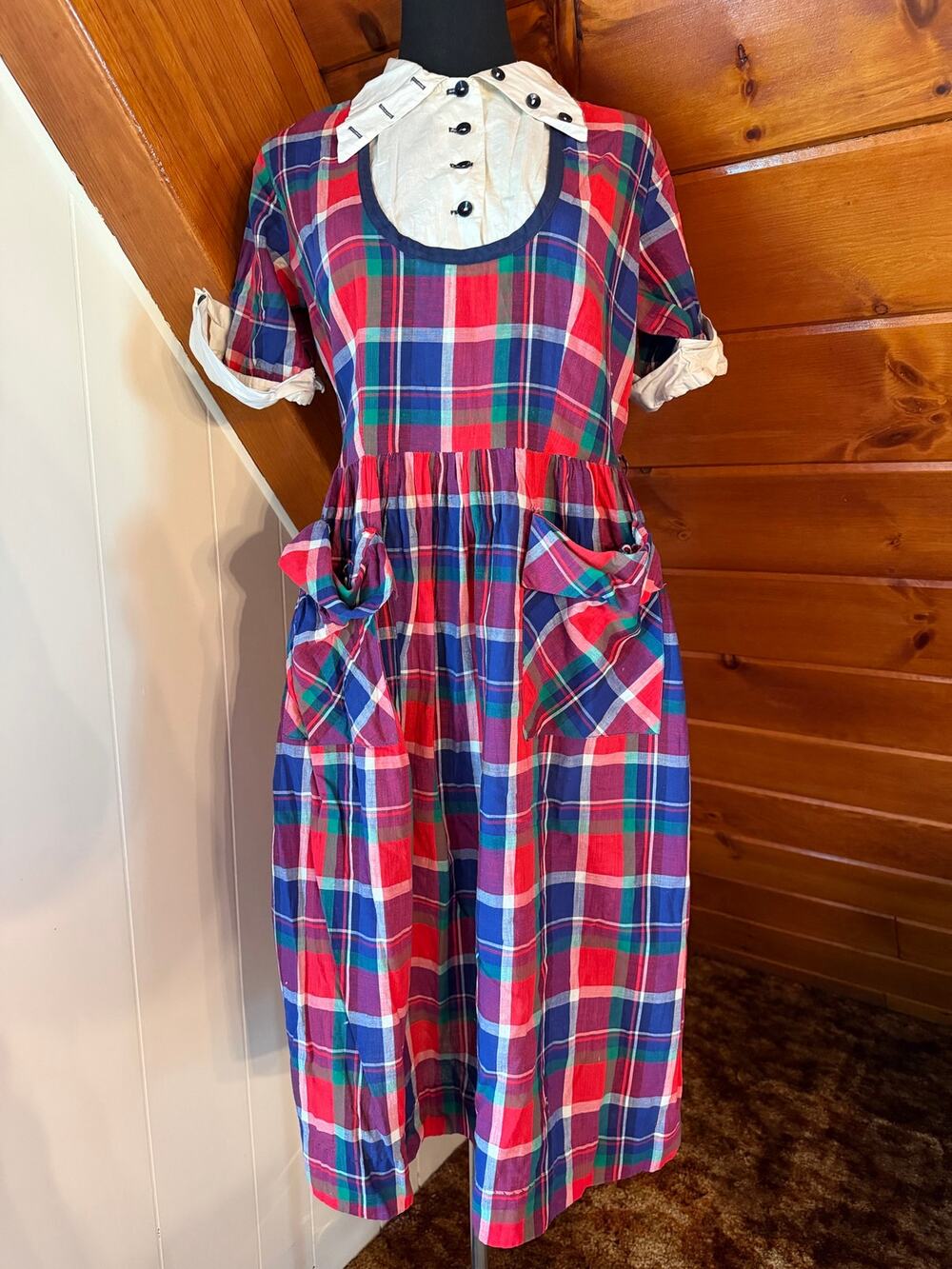 Vintage 50s 60s Plaid Cotton Day Dress Full Skirt with Big Bib Collar sz M